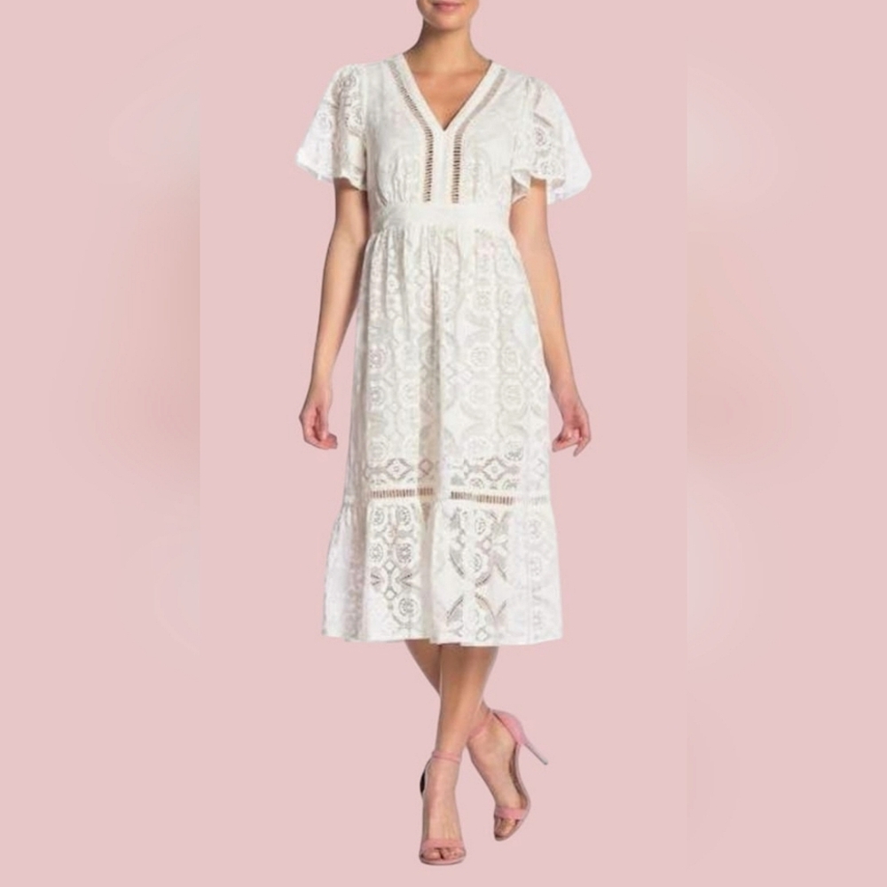 Flying Tomato Lace Dress Midi Tier Short Flutter Sleeves Summer Off White Small